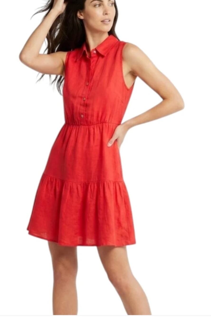 5716) La Ragazze Women Linen Tiered Coral Red Summer Mini Dress Italy Small